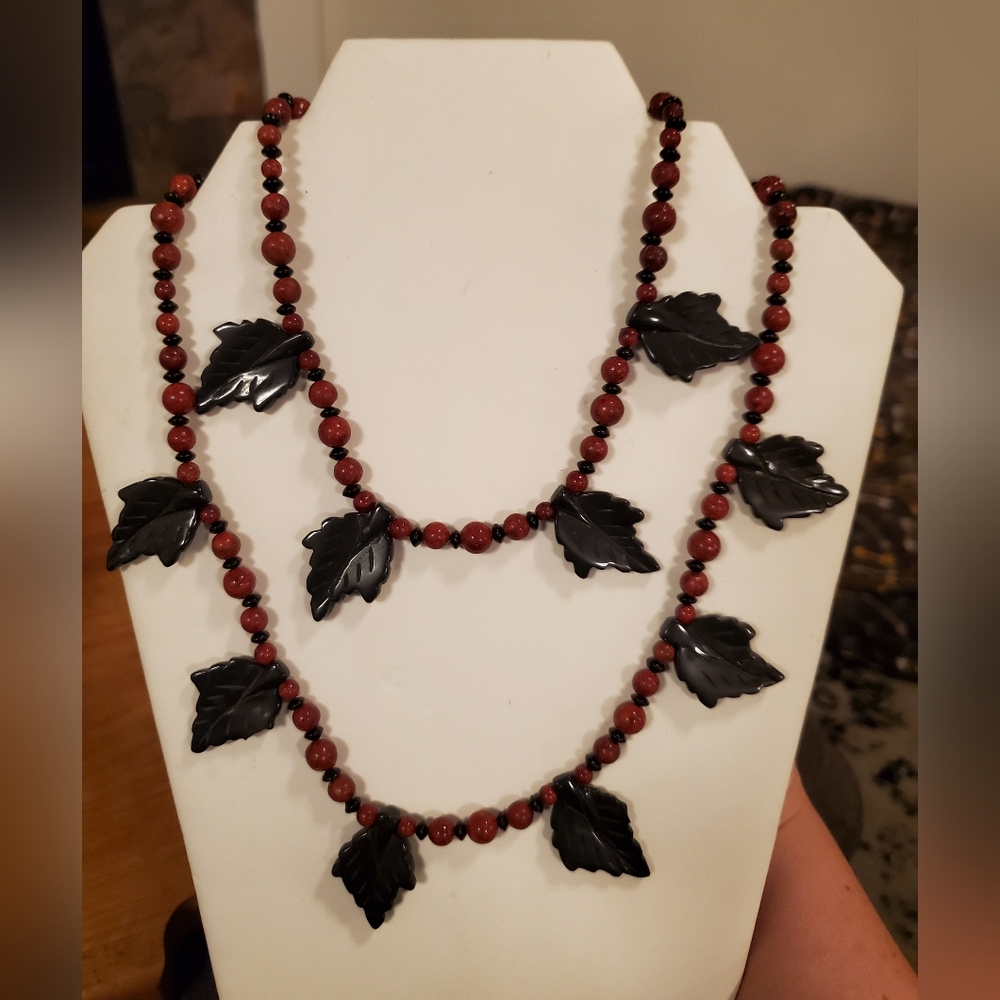 Double Strand Necklace & Earring Set - Onyx Leaves with Red Jasper & Black Stone